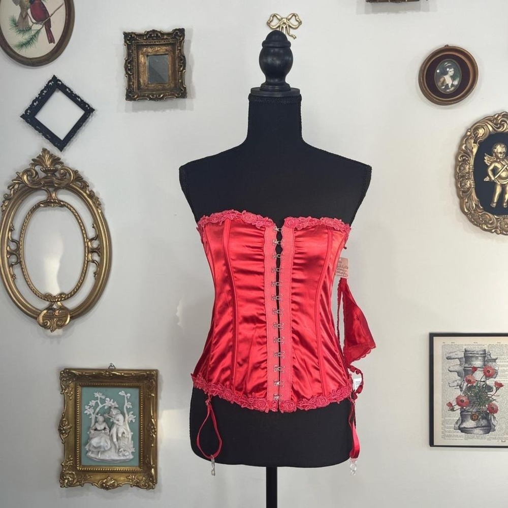 Y2K Red Satin Lace Corset Bustier with Garters